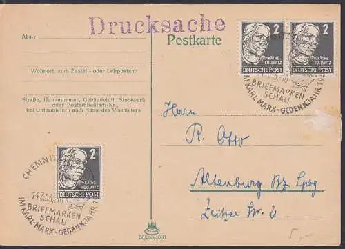 Chemnitz im Karl-Marx-Gedenkjahr SSt. 14.3.53 Ds, mit 2 Pfg Käthe Kollwitz, rs. unbeschrieben