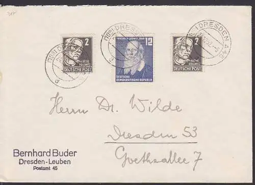 Friedrich Ludwig Jahn und Käthe Kollwitz auf Ortsbrief (317), Dresden 24.10.52