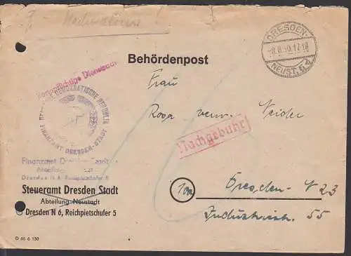 portopflichtige Dienstsache Finanzamt Dresden Stadt 8.8.50, Gebührenerhebung von 16 Pfg