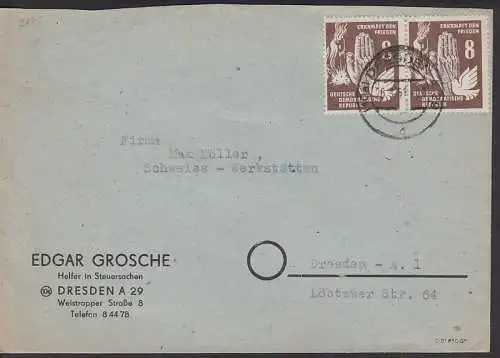 Hand und Friedenstaube vor Bombenangriff 8 Pfg. Ortsbrief (277), Dresden 26.3.51