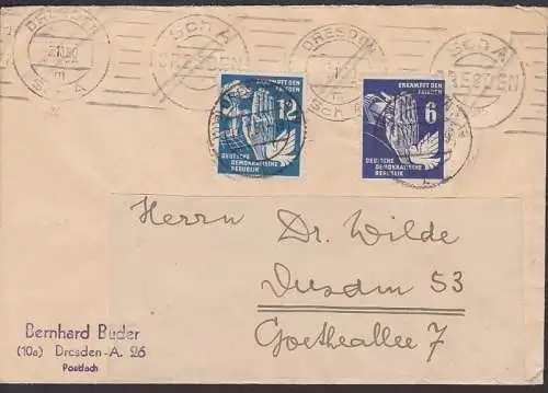 Hand vor Panzer, Frieden 6 und 12 Pfg (276, 277) überfr. Ortsbrief, Bf in Zweitverwendung MWSt. SchA