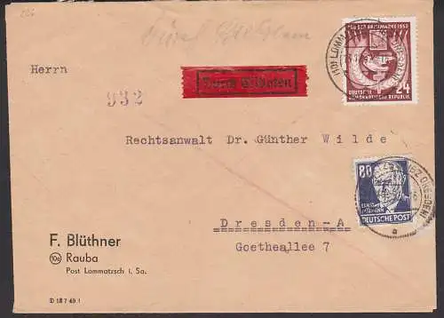 Lommatzsch (Bz. Dresden) Fern-Eilbrief mit 80 Pfg. Ernst Thälmann (226), rs Eing.-St