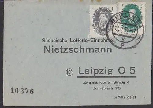 Akademie 1 und 5 Pfg. auf Drucksache aus Berlin 11.1.51 (261, 262) portogenau