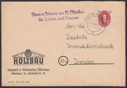 Olbernhau Z2 "Unsere Stimme am 15. Oktober für Einheit und Frieden", Fern-Bf mit 24 Pf. (269), Bf unten Risse