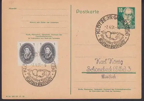 Klötze Kr. Gardelegen SSt. 7.4.51 Klötzer Apfelsaft, Abb. Apfel, Fern-Kte 10 Pfg. GA P40/01 mit 1 Pfg. Akademie