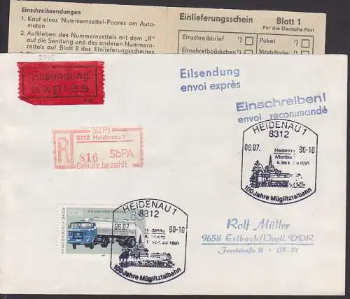 Heidenau SbPA  Eilsendung mit Einl.-Schein SSt. 100 Jahre Müglitztalbahn, frankiert 85 Pfg. (2749)