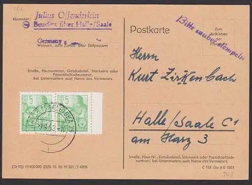 5-Jahrplan I, 5 Pfg. auf Karte aus Halle 29.8.53 (363)