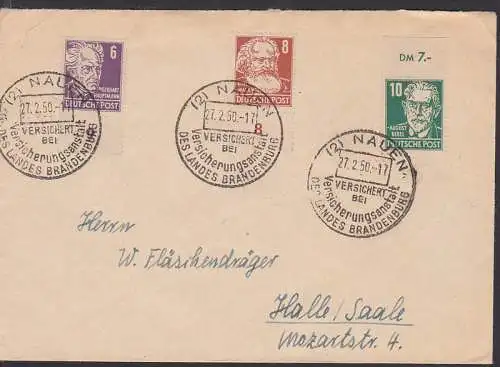 Köpfe I SBZ 6,8,10 Pfg. SSt. Nauen auf Fernbrief an Prüfer Fläschenträger Halle, SSt. 27.2.50