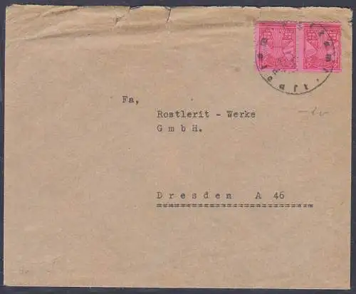 Notstempel Postamt Wolgast Fernbrief mit 12 Pfg . Mecklenburg-Vorpommern nach Dresden, Rs aufgerissen