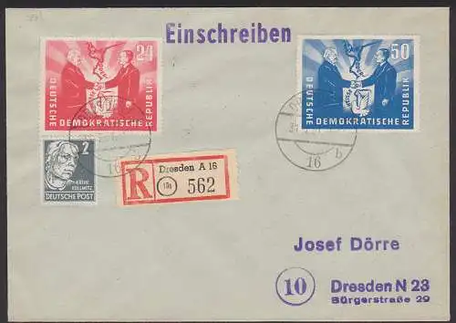 Oder-Neisse-Friedensgrenze Deutsch-Polnische Freundschaft R-Orts-Bf 31.7.51, rs. Eingangsst. portogenau (284/85)