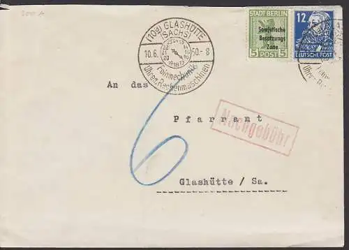Glashütte SSt. mit Uhrenziffernblatt 10.6.50 auf Orts-Bf mit Nachgebühr, SBZ Marke nur bis 28.2.50 gültig