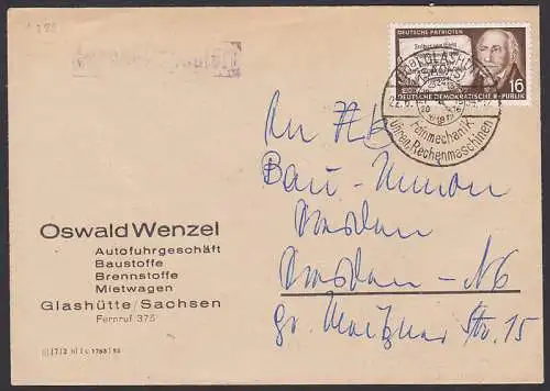 Freiherr vom Stein (399), Glashütte SSt. mit Uhrenziffernblatt 10.6.50 auf Geschäftspapiere