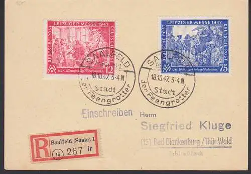 Stadt der Feengrotten Saalfeld, 18.10.47 mit Messemarken auf R-Karte (965/66)