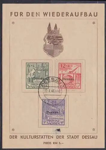 Provinz Sachsen Zuschlagsmarken mit Aufdruck "Dessau" (IIIA bei I "D" unten offen), Gedenkblatt u. Loch