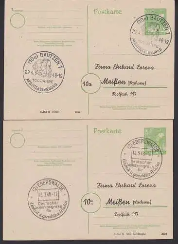 Eberswalde, Bautzen zwei GA mit privatem Zudruck, SSt. 100 Jahre Arbeiterbewegung, Volkskongress