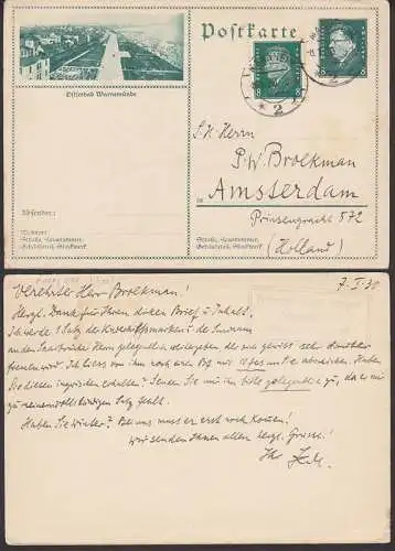 Ostseebad Warnemünde 8 Pfg. GA mit F. Ebert, Zufrankatur auf Auslands-Kte. nach Amsterdam (P188/010)