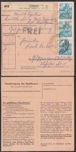 Crostwitz über Kamenz (Sachsen) 10.9.54, Paketkarte 80 Pfg. Fünfjahrplan I, als MEF (377), Z1 FREI, (240,- Bf.-Kat)