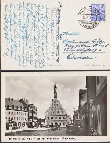 Deutsche Sporthalle Berlin 35 Pfg nach Schweden, in Berlin nachträglich entwertet 10.9.54 (374), Ak Zwickau