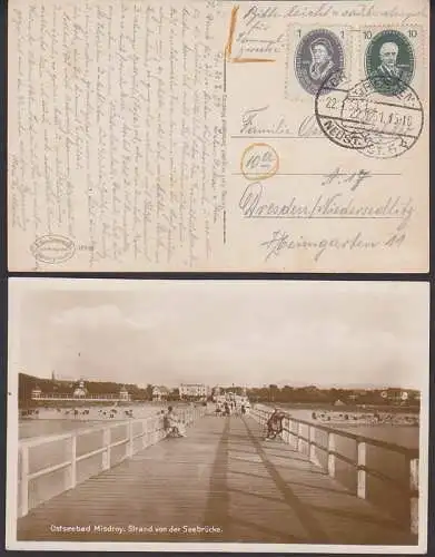 Akademie 1 und 10 Pfg. auf Ak Ostseebad Misdroy, Seebrücke,Ortskarte 11.1.51 (265)