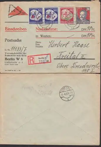 Postsache Einschreiben-Nachnahme aus Berlin 24.6.52 (292) 50 Pfg. Weltfestspiele im Paar