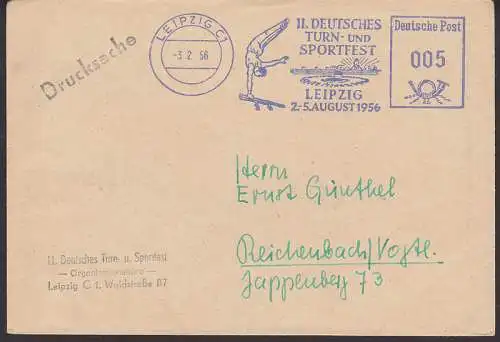 Turn- und Sportfest Leipzig 1956 AFS  Turner am Barren, Abs. Org-Büro Ds 3.2.56, Stadion u. Völkrschlacht-Dm