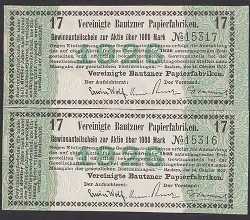 Bautzen Vereinigte Papierfabriken 2 Gewinnanteilscheine zur Aktie über 1000 Mark