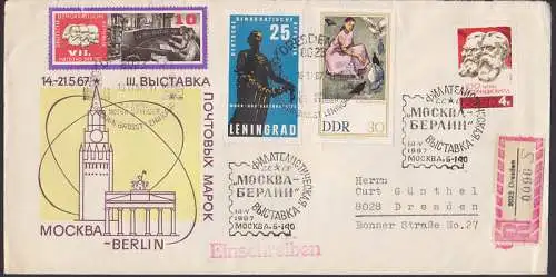 Ausstellung Moskau - Berlin 1967, Orts-R-Bf mit Zudruck Kreml Brandenburger Tor, R-Bf