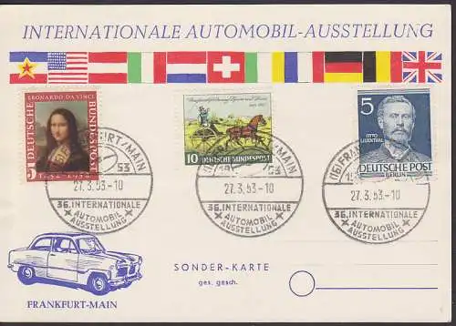 Frankfurt (Main) Schmuckkarte Int. Automobilausstellung SSt. 27.3.53, dabei 5 Pfg. Otto Lilienthal