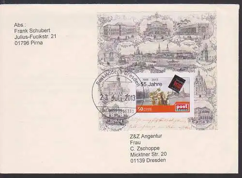 Mozartbrunnen in Dresden mit den 3 Grazien, Block mit Wunschbriefmarke von PM 23. Juli 2013