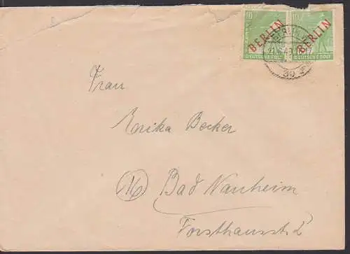 roter Aufdruck BERLIN 10 Pfg im Paar Berlin W30 21.6.49, r. Mke defekt (24)