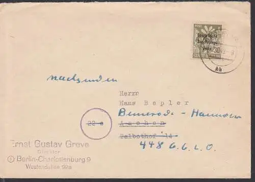 STADT BERLIN mit SBZ-Aufdruck 30 Pfg, (7A), Abs Berlin-Charlottenburg, OSt. 25.8.49, mit "nachsenden"