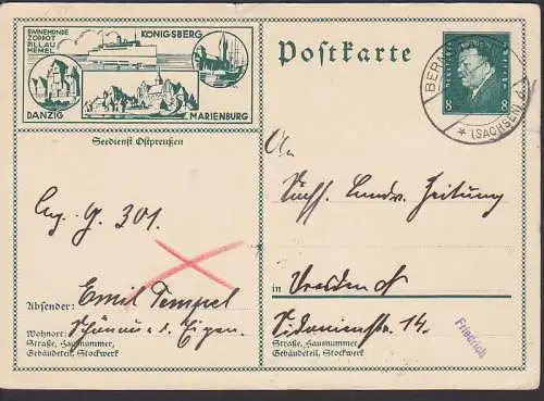 Bildpostkarte (P 188/09)  Seedienst Ostpreußen Danzig Marienburg, OSt. Bernstadt (Sachsen)