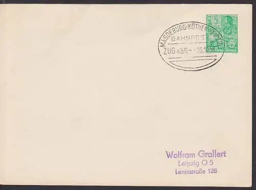 Magdeburg-Köthen-Leipzig Bahnpostst. 20.10.56 auf 5 Pfg. GA-Karte