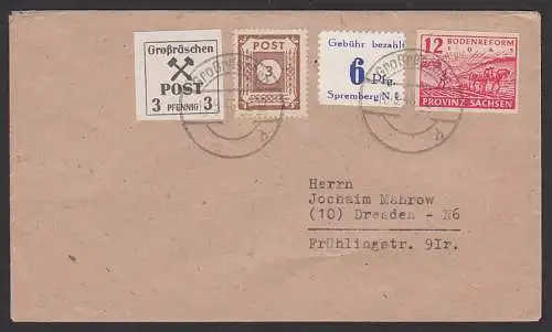 Großräschen Fernbrief 11.9.46 mit OPD-Ausgaben, Spremberg (6 Pfg. mit Delle)