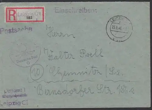 Postsache R-Brief Postamt Leipzig 23.5.46 nach Chemnitz