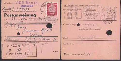 Greifswald PA mit 40 Pfg. Dienstmarke 28.7.59 nach Gützkow über Greifswald
