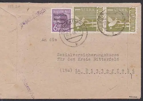 Friedenstaube und SBZ-Aufdruck MiF 10-fach Köthen, 17.9.48, geprüft (959 ZF)
