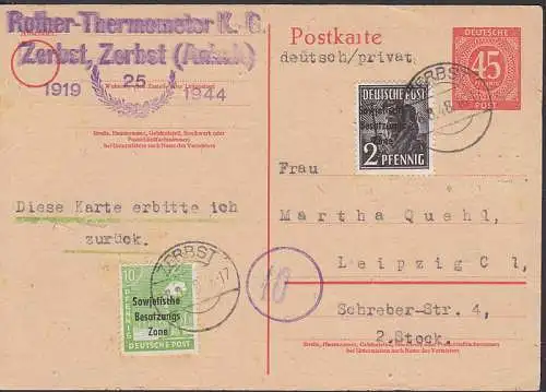 Zerbst 8.8.48 Formblatt 45 Pfg. Ziffer mit 2 und 10 Pfg. SBZ-Aufdruck