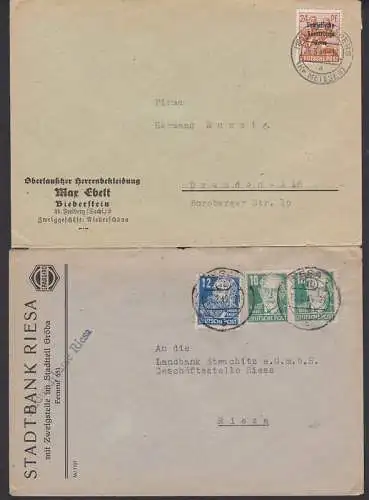 Riesa Doppel-Ortsbrief von Stadtbank mit Z1 Stadtsparkasse Riesa 15.12.49, Reinsberg Kr. Meissen SBZ-Aufdruck