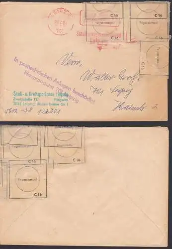 Leipzig AFS Stadt- u. Kreissparkasse Z2 In posttechnischen Anlagen beschädigt, hinterklebter Zettel mit Bahnpost-St