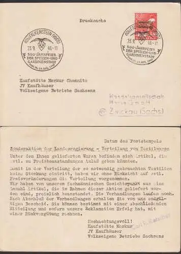 Falkenstein (Vogtland) SSt. 500-Jahrfeier, mit Falke 23.9.48 Ds mit interess. rs. Text -Verteilung von Textilien