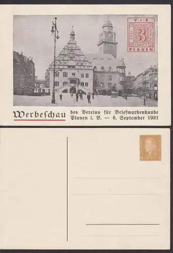 Plauen Privat-GA PP 106/9 ungebraucht mit 3 Pfg. Ebert - Werbeschau, Rathaus, Sachsen-Dreier