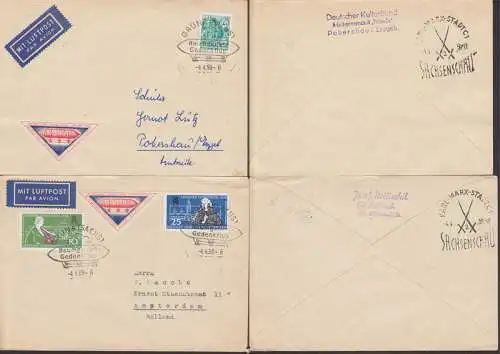 Baumgarten-Gedenkflug Vignette Zeppelin 4.4.59 rs. SSt Sachsenschau, zwei Briefe aus Grüna (Sachs)