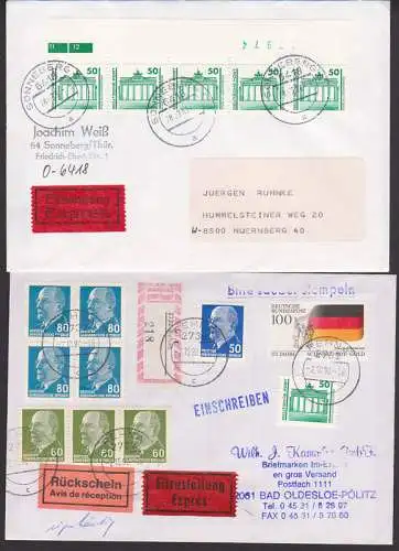 Brandenburger Tor Marke aus Rolle mit Rand Sonneberg, R-Eil-eigh und Rückschein aus Rehna 2.10.90