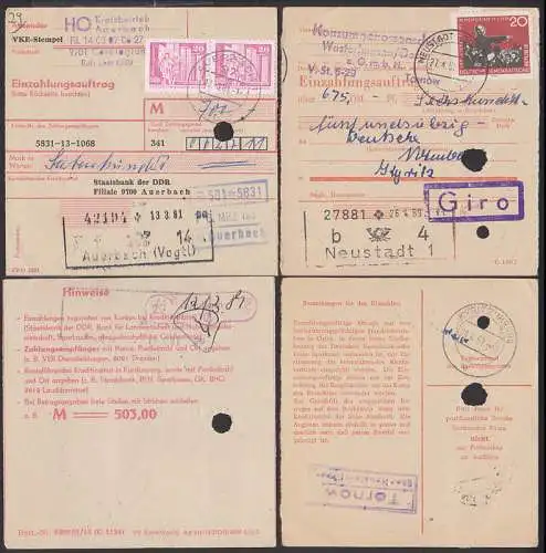 Karl Liebknecht 20 Pfg., Einzahlungsauftrag Neustadt (Dosse), PSSt. Tornow, Auerbach (Vogtland) Carolagrün