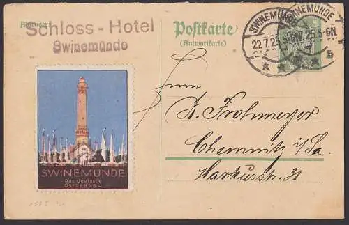 Swinemünde Vignette auf Anntwort-GA 22.7.25 vom Schloss-Hotel