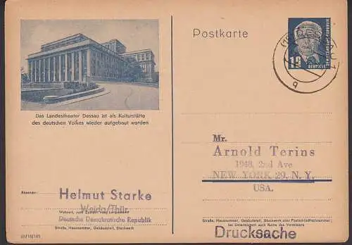 Dessau Landestheater Bildpostkarte als Ds nach USA, Dessau 1.3.53