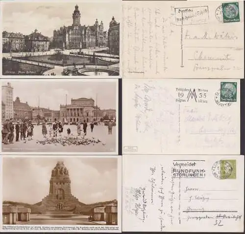 Leipzig 3 Fotokarten Neue Rathaus, Völkerschlachtdenkmal, Augustusplatz,PWSt. Bach-Händel-Schütz, Messe
