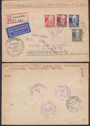 Dresden N23 R-Lp-Auslandsbrief mit Porto über 2,54 nach Amerika, MiF 30, 60, 80 und 84 Pfg. Köpfe 1