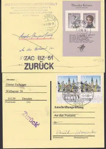 Anschriftenprüfung zum Porto von 1,60, dabei Bl. Theodor Körner, 1000 Jahre Gera mit Plattenfehler (1772 I MeF, Bl. 25)